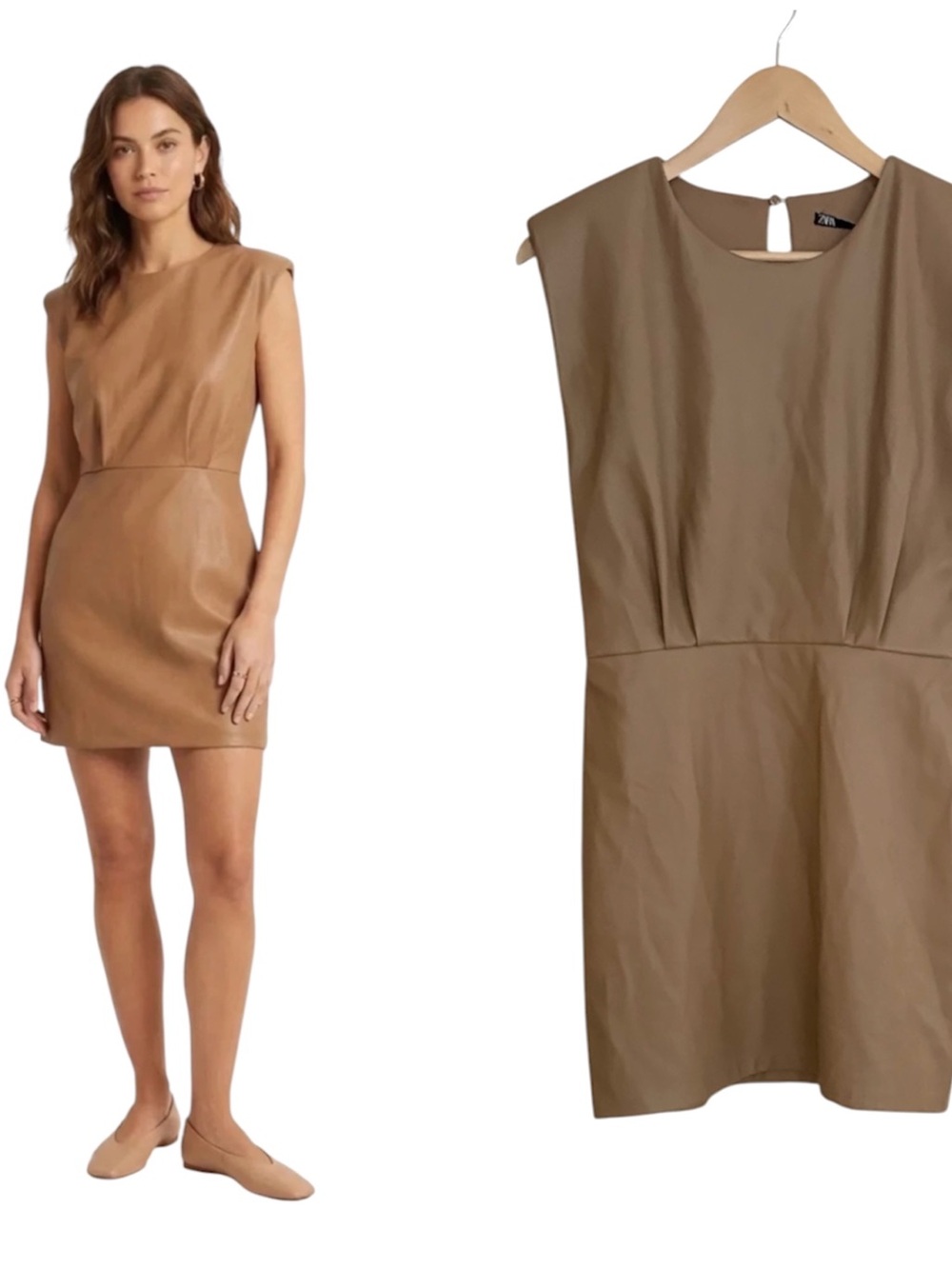 Zara Tan Camel Sleeveless Padded Shoulder Mini Dress Medium